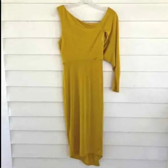 ASOS NEW One Shoulder Long Sleeve Gorgeous Yellow Gold Slinky Asymmetric Dress 2 - Picture 4 of 9